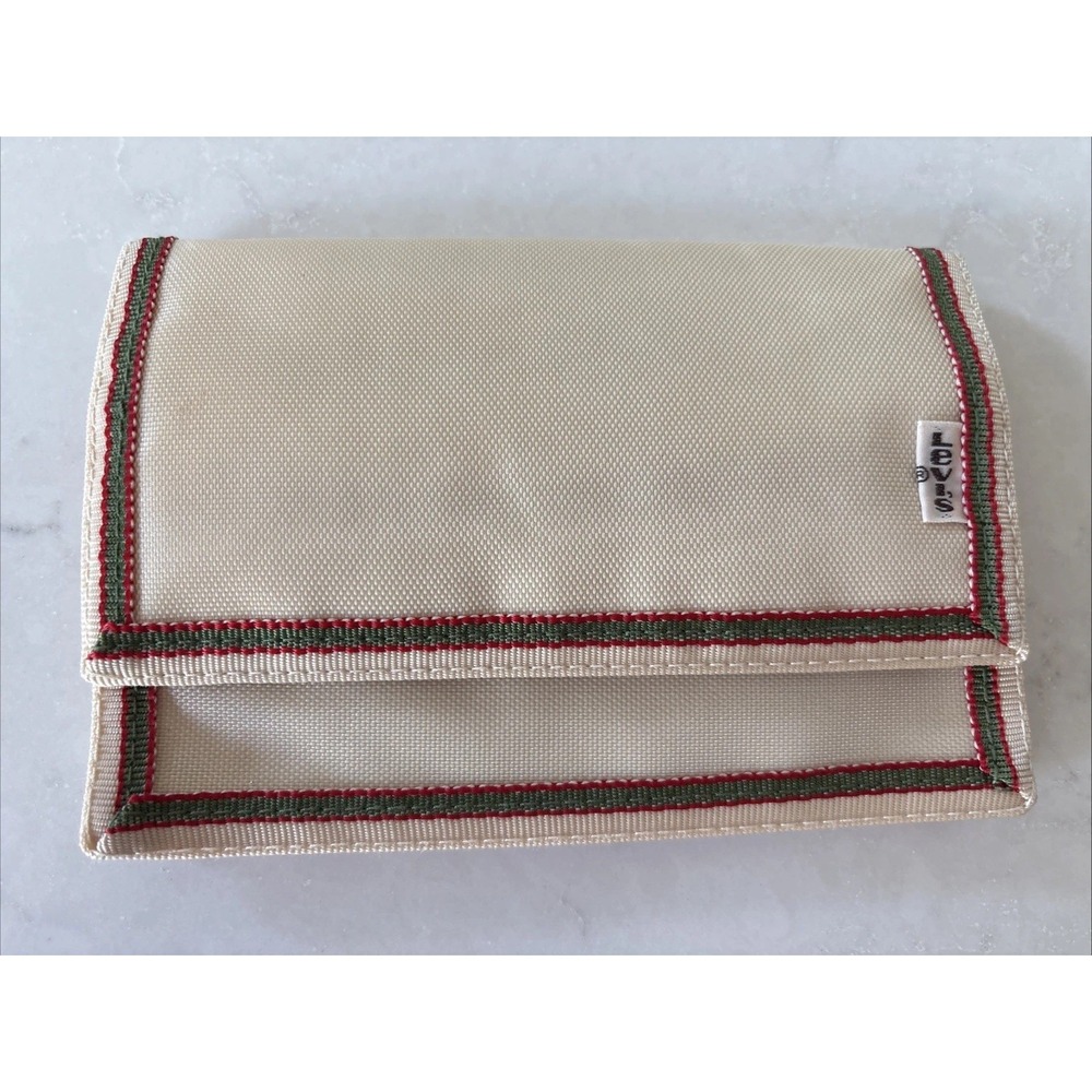 Vintage 90's Levi's Tan Orange Nylon Wallet 6"X4" Tan Tab‎ Mirror 3 Compartments